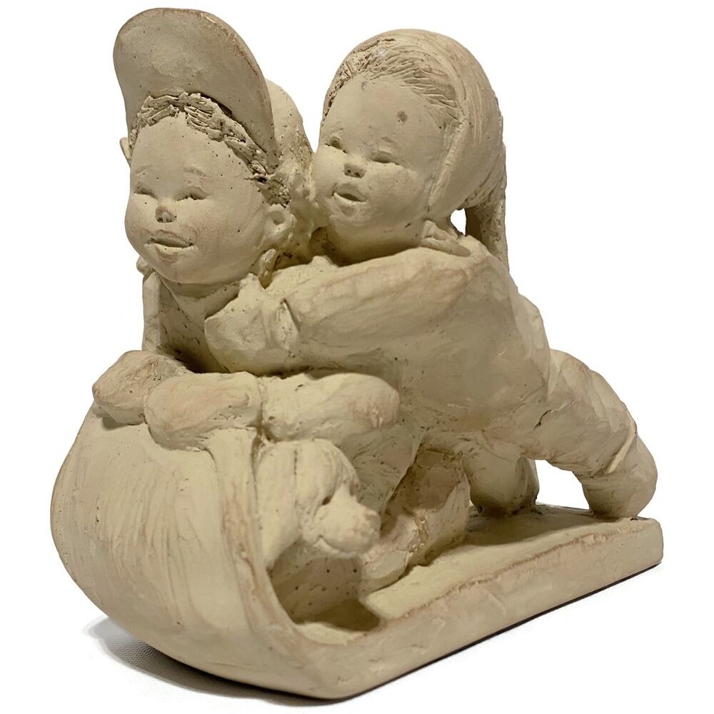 Sleigh Ride Kids on Sled Austin Sculpture Clay Figurine Vintage 7" x 5"